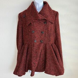Free People Patricia Peplum Tweed Jacket Size 10 Double Breasted Pea Coat Warm